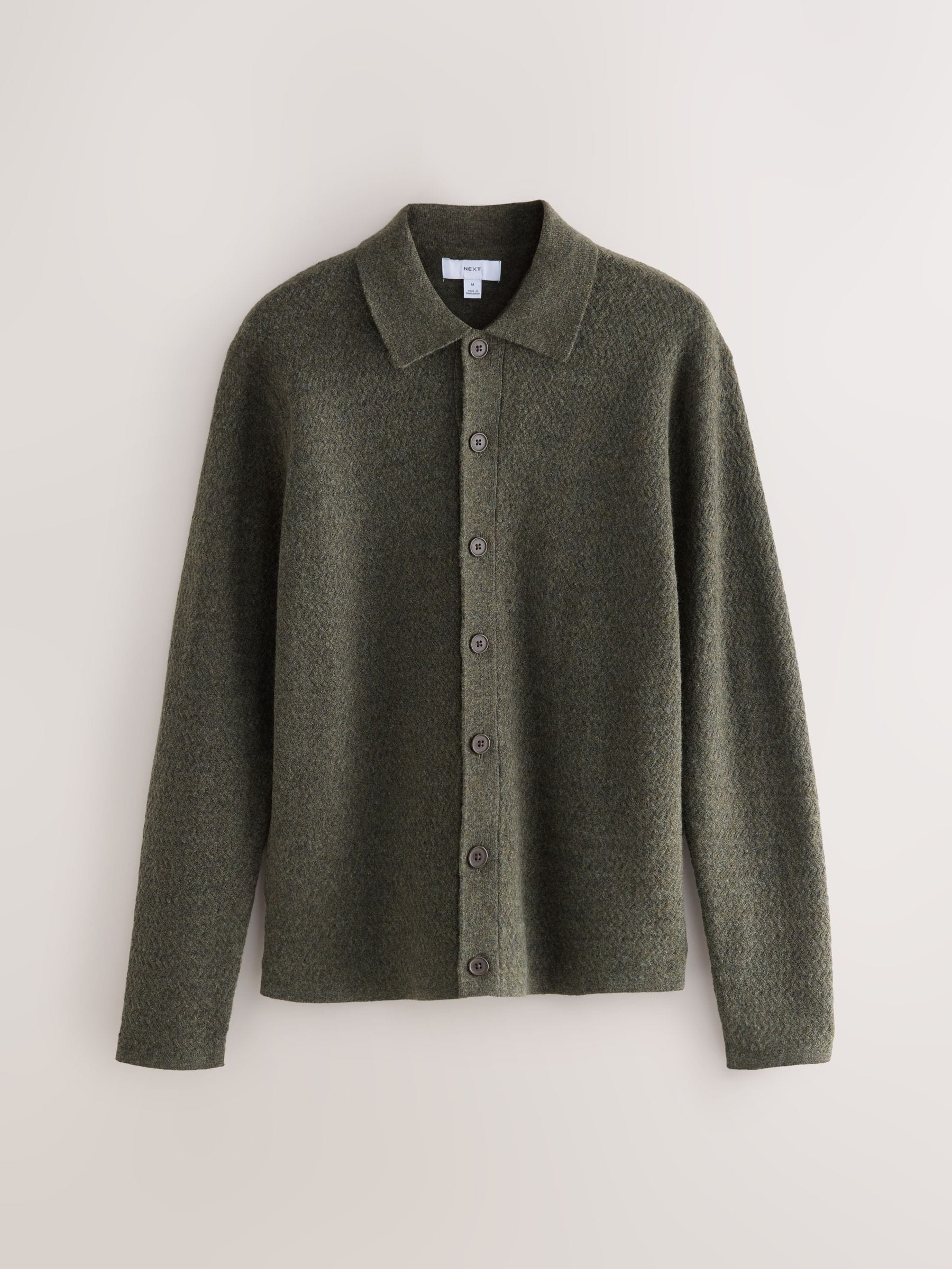 Groen - Regular Fit Textured Collared Cardigan with Wool