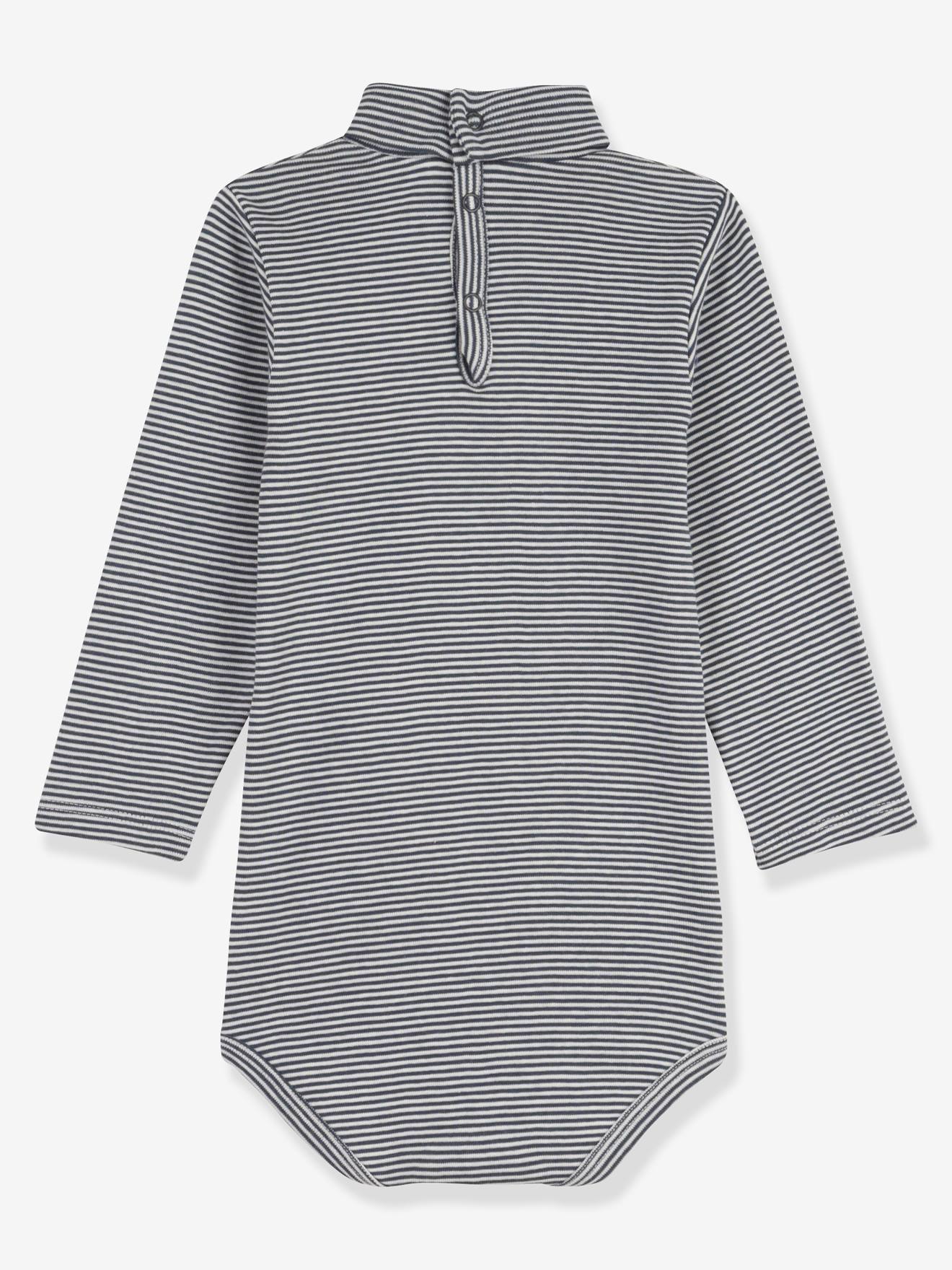 Body de manga comprida PETIT BATEAU com gola alta listrada e algodão orgânico, cinza