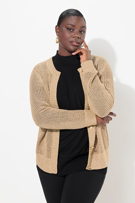 Strickjacke, goldener Ajourstrick, Rundhals, Knopfleiste