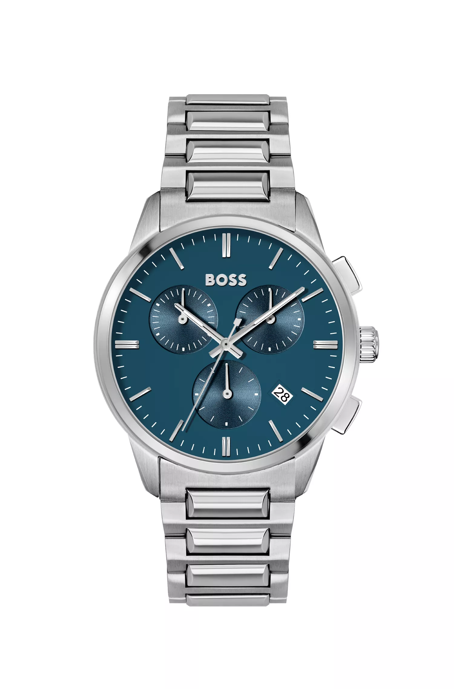 Relógio cronógrafo BOSS com mostrador preto fosco e azul, e pulseira de elos em H.