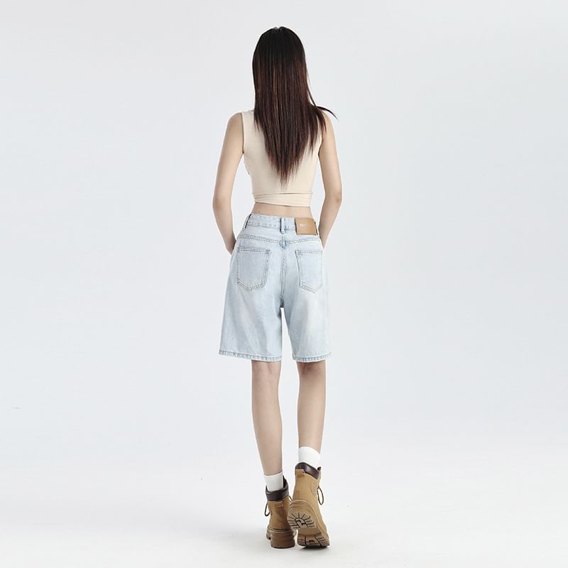 Denimot - Mid Rise Washed Denim Shorts