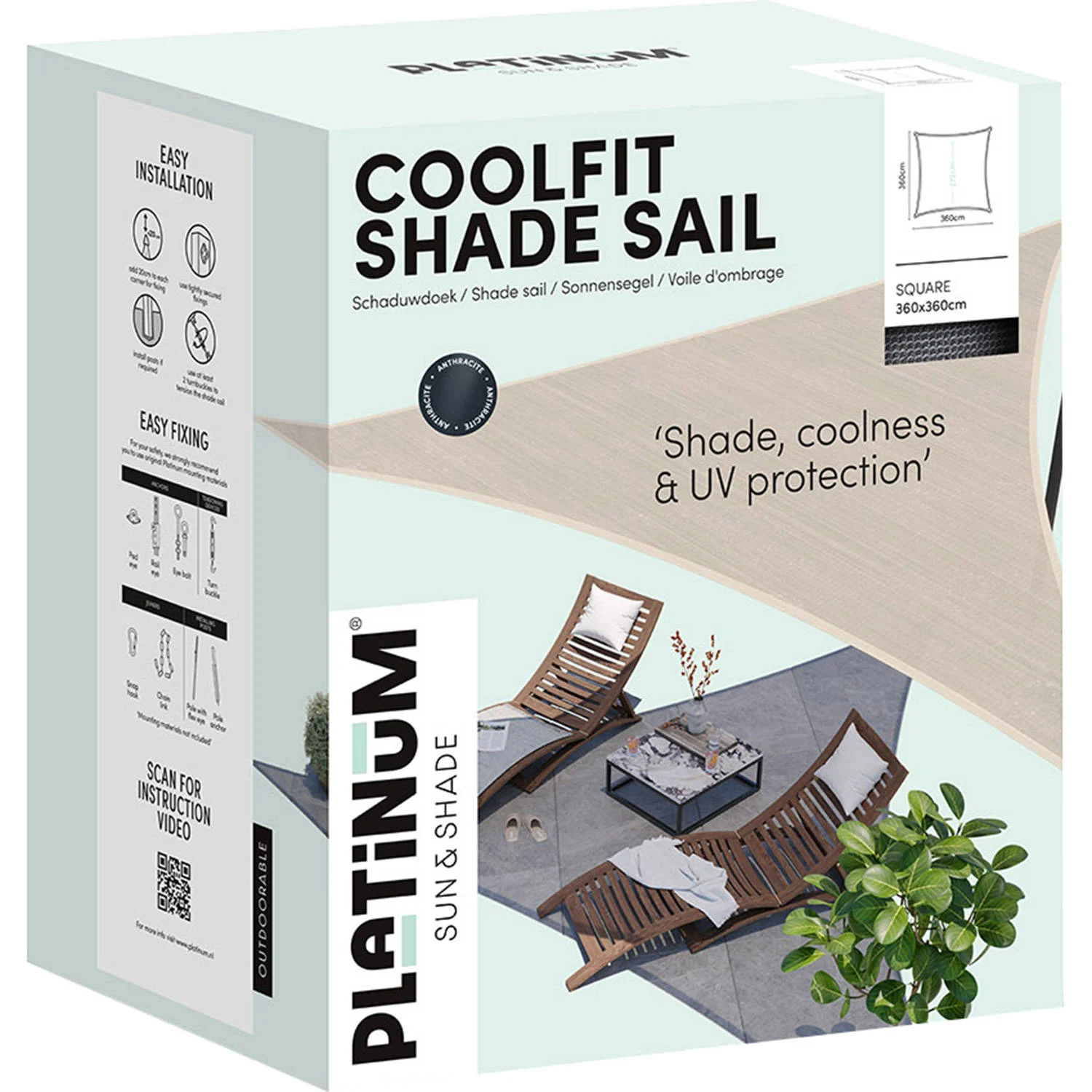 Platinum Coolfit schaduwdoek vierkant (360x360 cm)