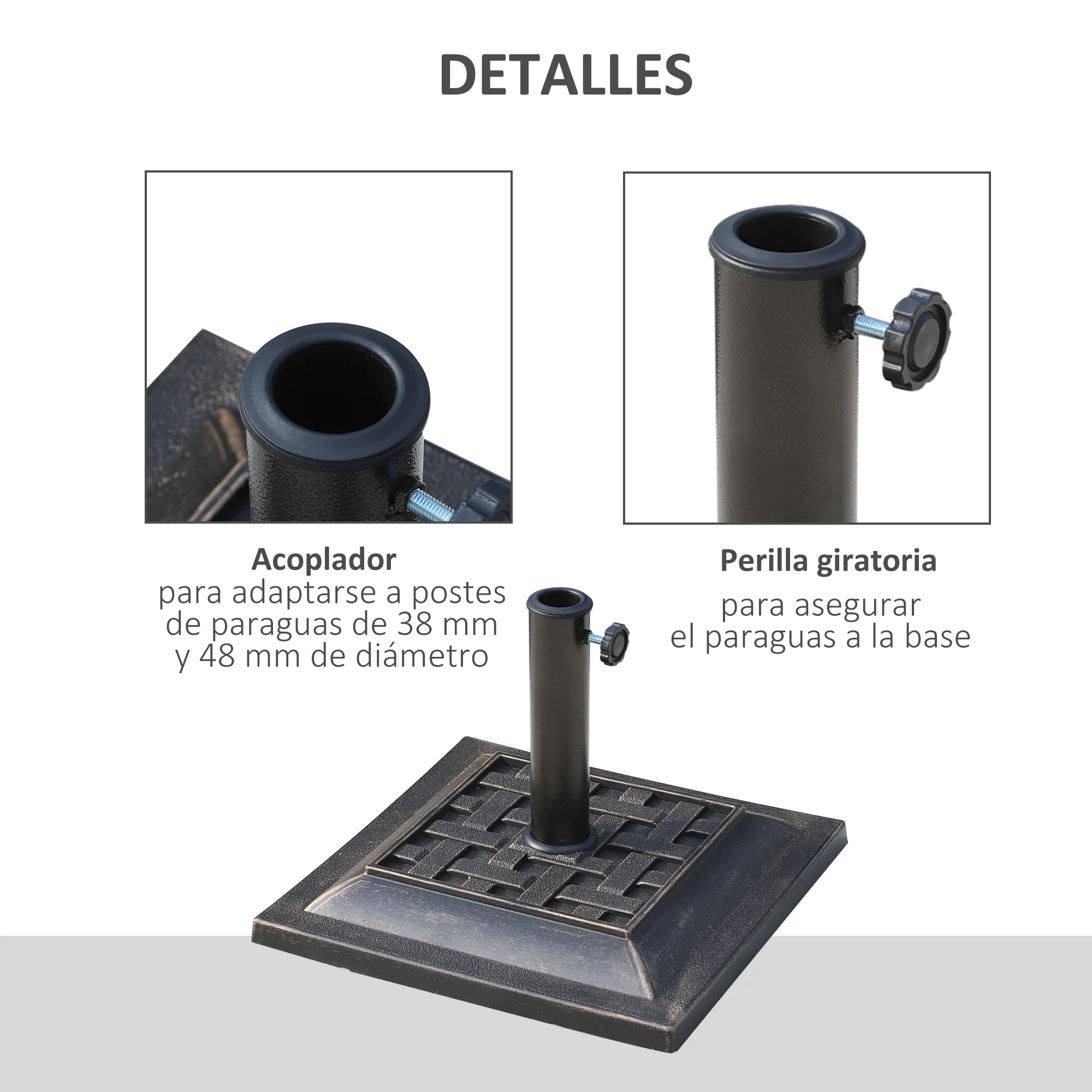 Base para guarda-sol de jardim Outsunny, peso líquido 9 kg, suporte para guarda-sol adequado para hastes de 38 mm/48 mm para pátio externo e terraço, Ø44x32 cm, bronze