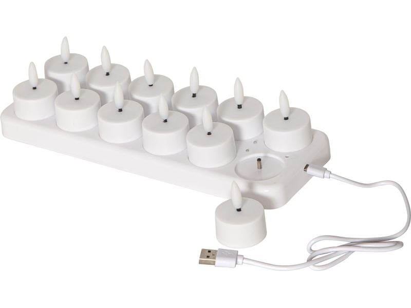 Star Trading LED Teelichter Set Flamme Charge 12er, Weiss Set von 12 wiederaufladbaren Teelichtern