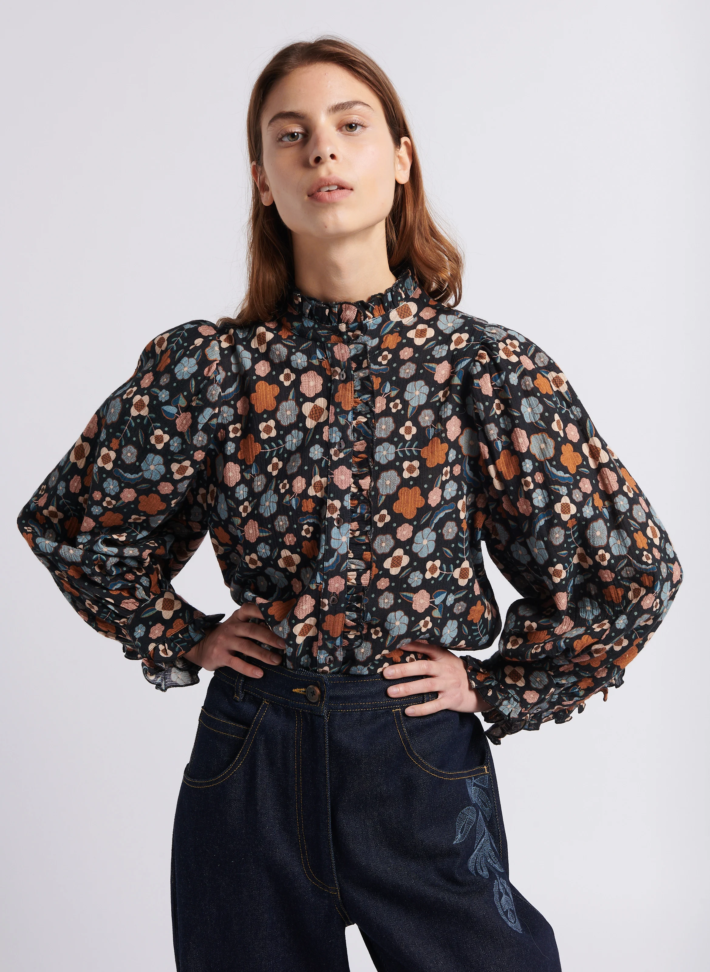 LEO - Chemise droite col montant en coton | Multicolore