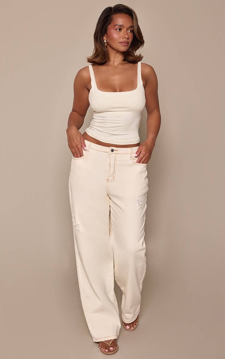 Ecru Jean Large À Jambes Évasées En Denim Délavé Extensible Sculptant