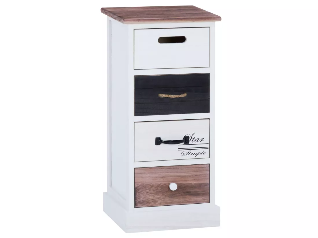 Chiffonnier LAGUNA étagère de rangement avec 4 tiroirs en bois de paulownia style shabby chic vintage rustique blanc brun noir