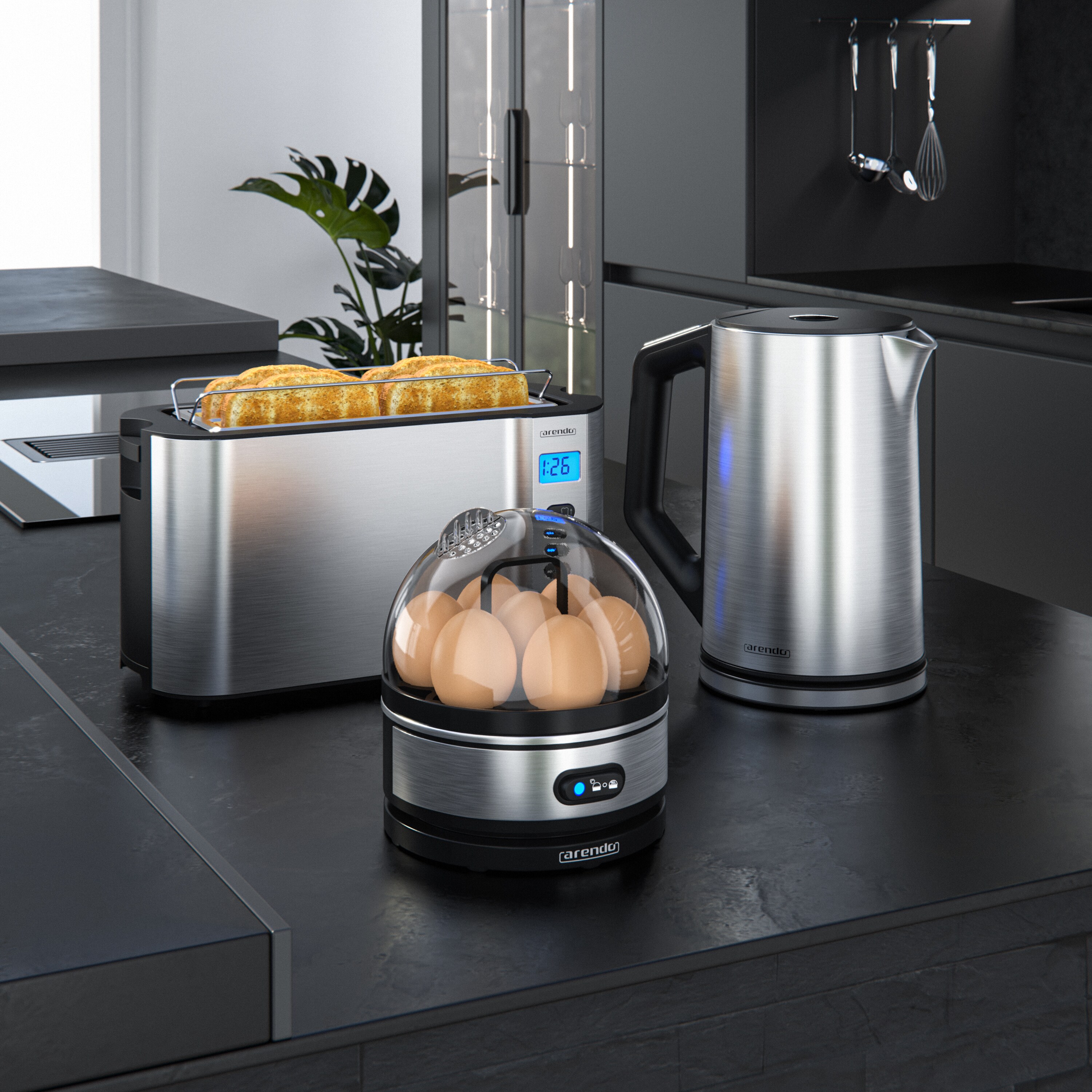 Arendo Frühstücksset, Wasserkocher 1,5l, 4-Scheiben Langschlitztoaster, 7er Eierkocher SEVENCOOK, Silber