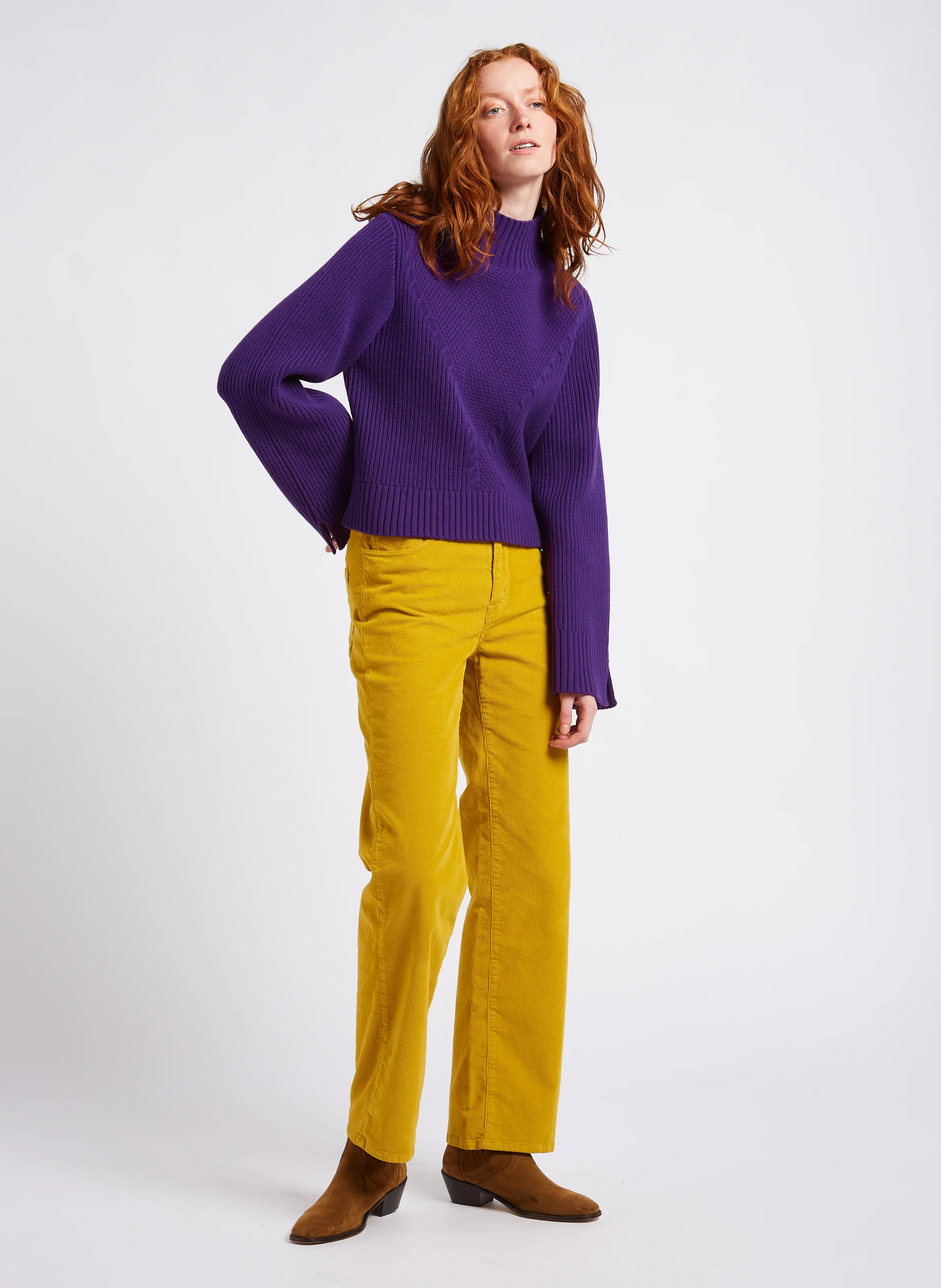 PERRINE - Pantalon droit en coton côtelé | Jaune
