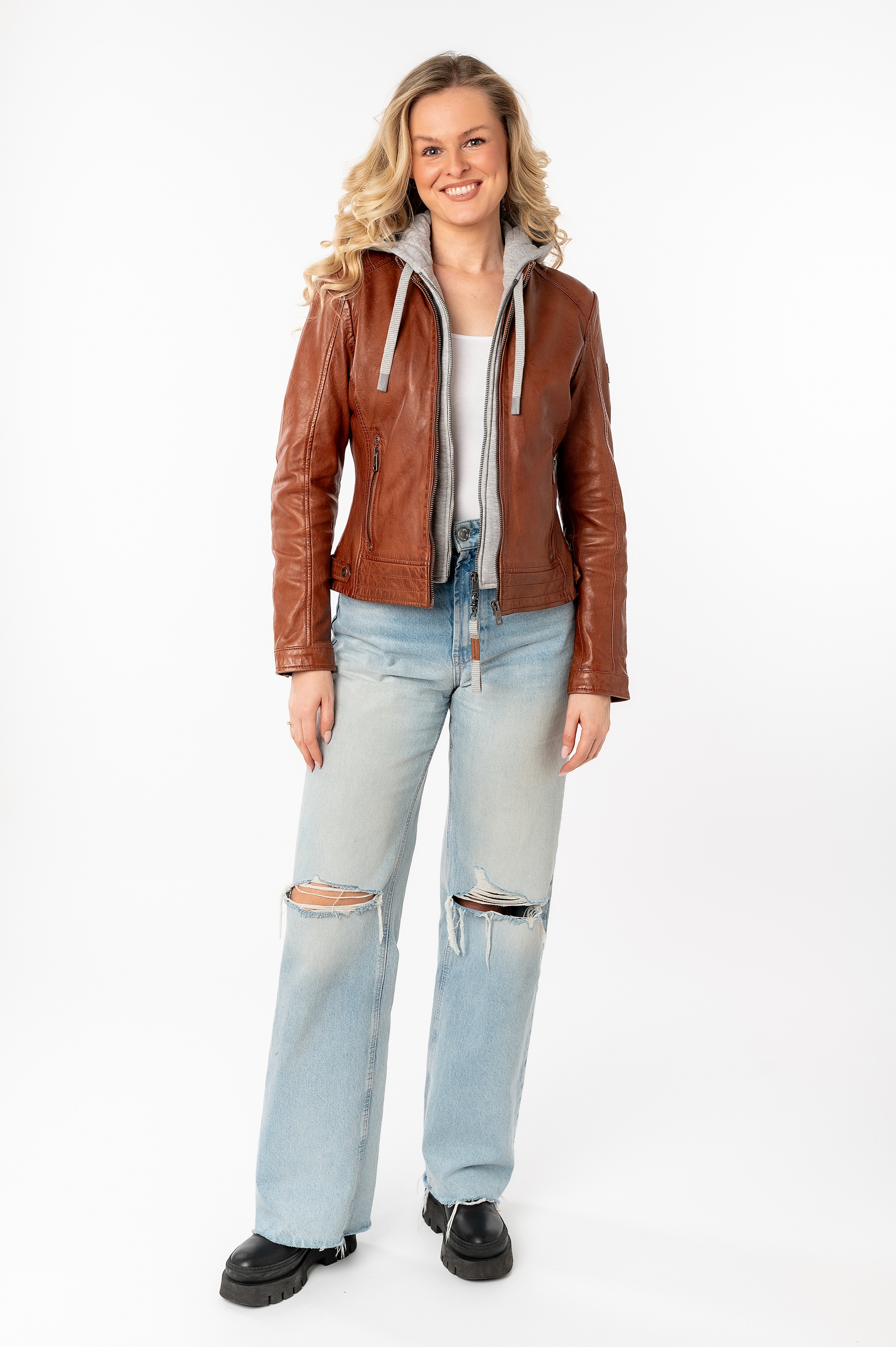 Mauritius Lederjacke »MWAleni« mit Kapuze mit Jerseykapuze und Stehkragen