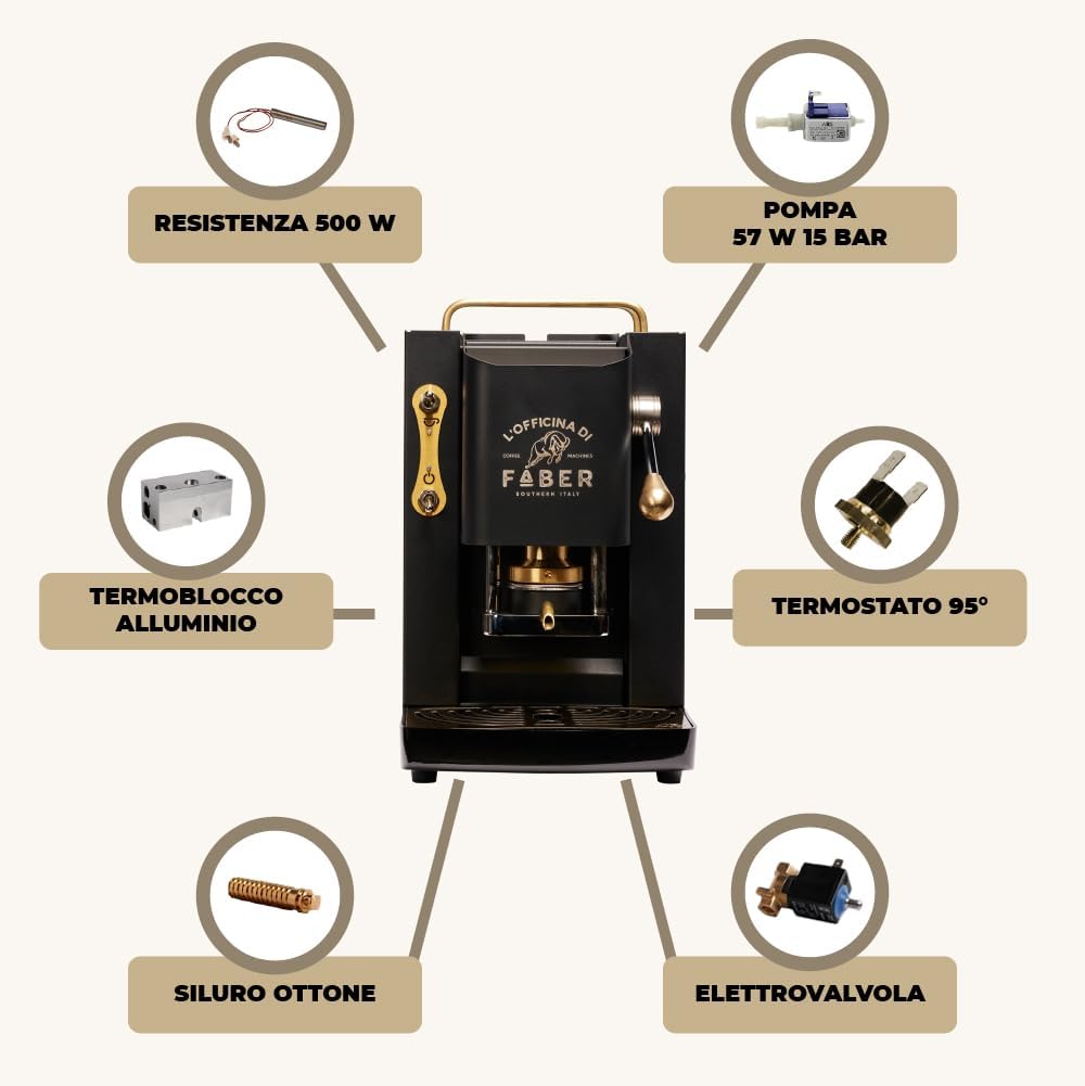 FABER COFFEE MACHINES | Modèle Pro Total Inox Deluxe | Machine à café à dosettes ese 44mm | Pressacialda en laiton réglable | électrovanne de série (laiton)