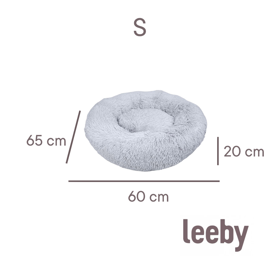Cama redonda antiestresse Leeby para cães, em pelo cinza.