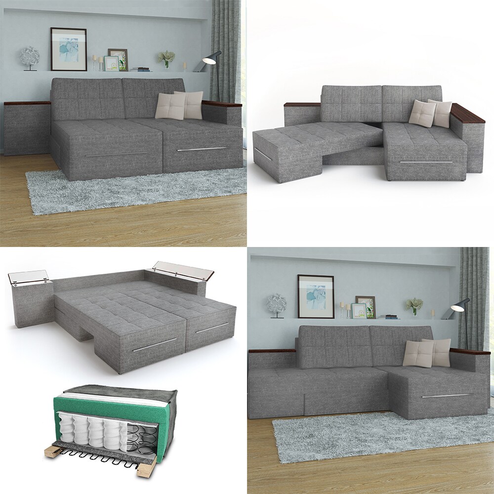 VitaliSpa Ecksofa mit Schlaffunktion 240 x 160 cm Grau -Eckcouch Sofa Couch Schlafsofa Taschenfederkern