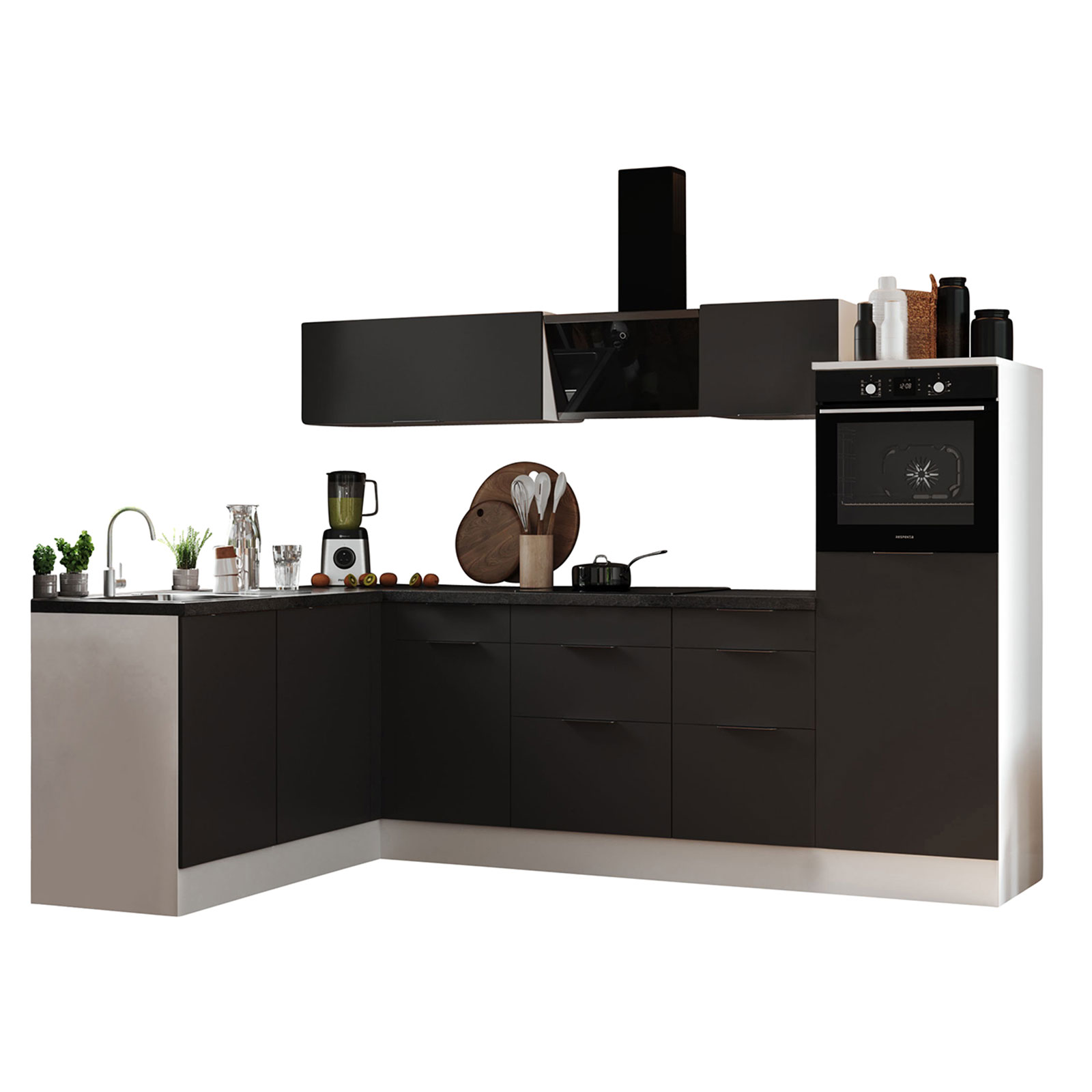 RESPEKTA Winkelküche - grau matt - weiß matt - mit E-Geräten - 280x175 cm
