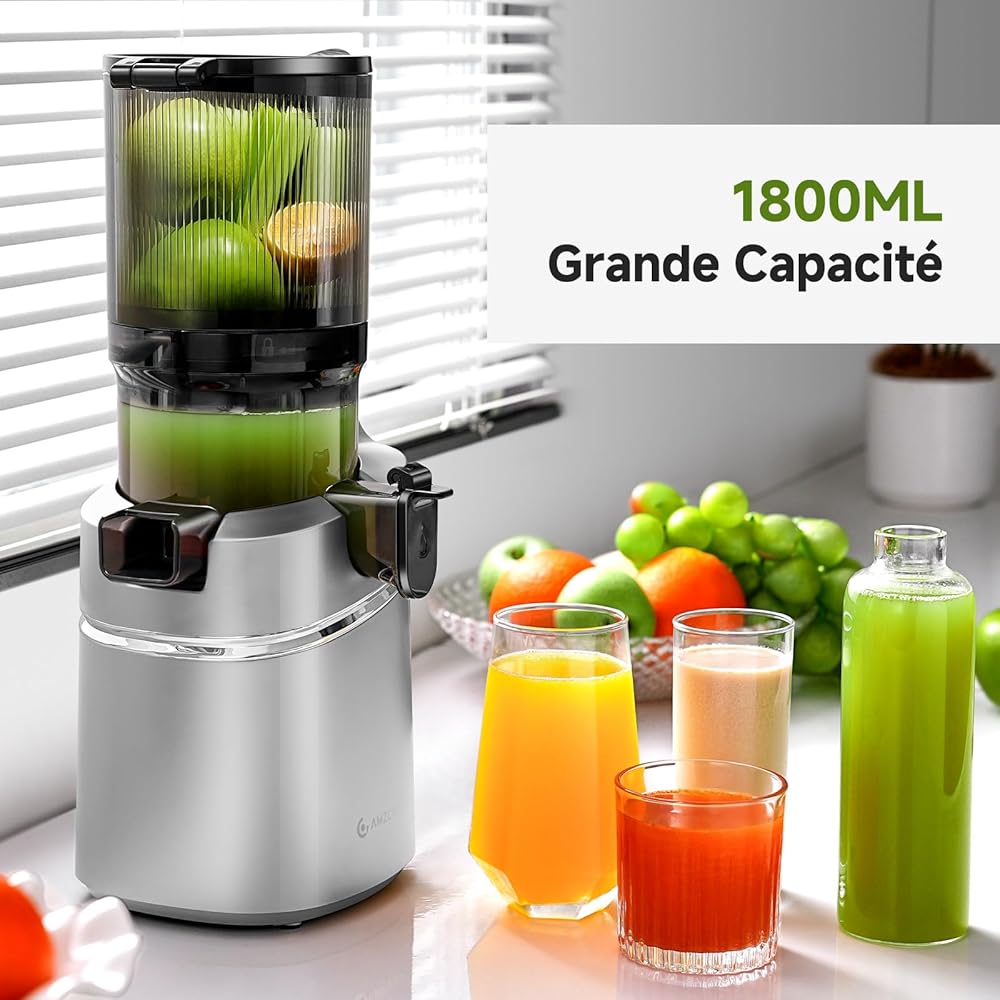 AMZCHEF Extracteur de jus automatique Vos mains libres, Ouverture de 135 mm et capacité de 1,8 L Extracteur de jus de fruits et légumes entiers, Extracteur jus lent de 250W avec triple filtre - Argent : Cuisine et Maison