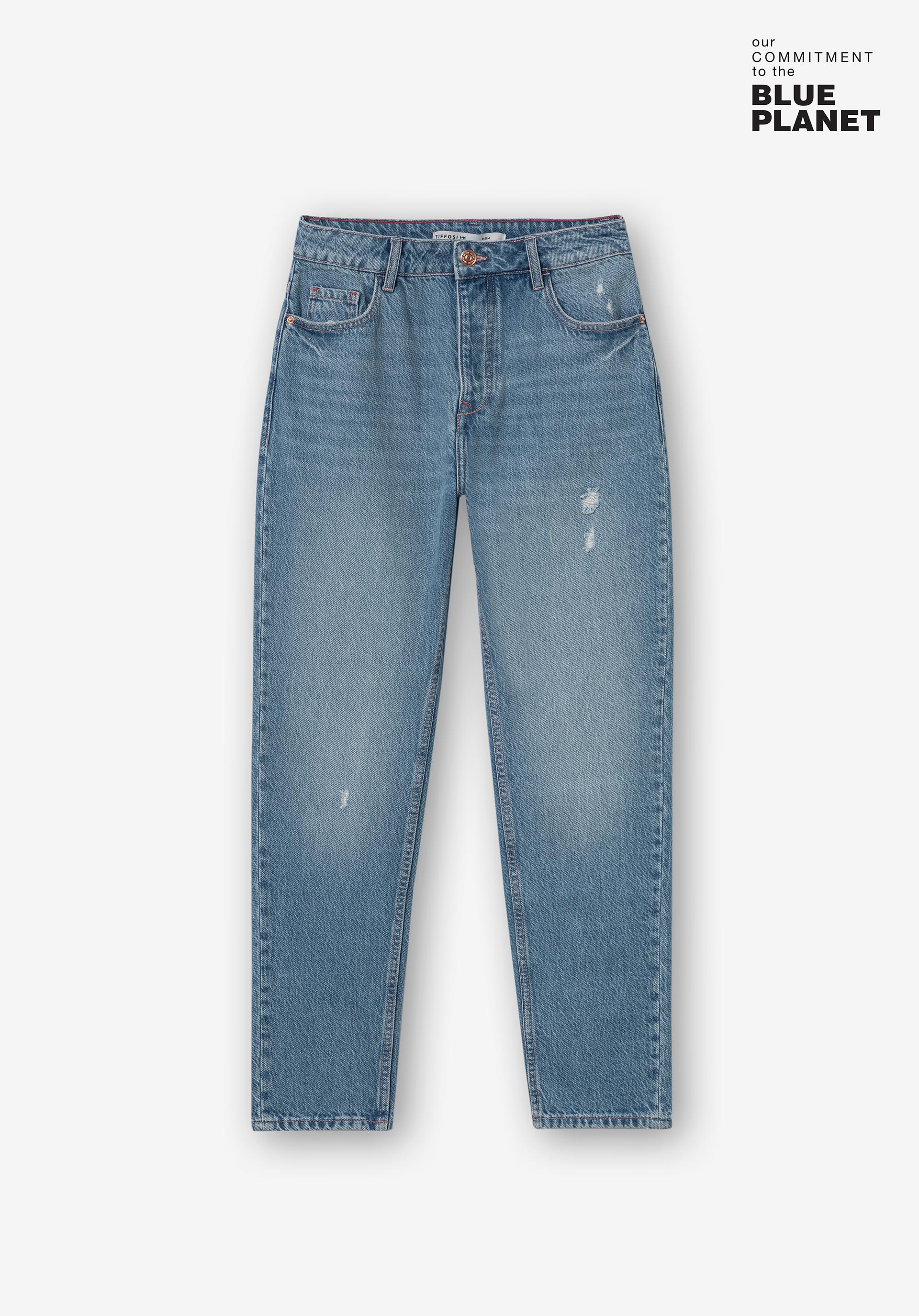 Jeans Mom Tapered Fit Cintura Alta C/ Rasgões
