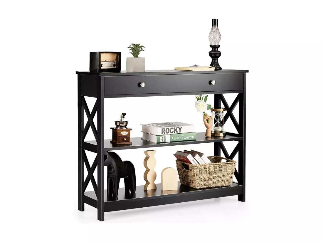 Table console à 3 niveaux, 1 tiroir et 2 étagères, cadre en x, 100x30x80cm noir