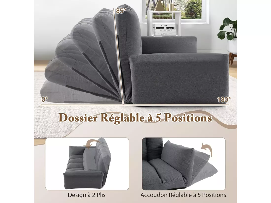 Canapé au Sol Pliable et Inclinable, Siège Rembourré avec Dossier et Accoudoirs Réglables à 5 Positions, Canapé Convertible, Cadre en Métal Robuste, pour Salon de Jeu, Chambre, Gris