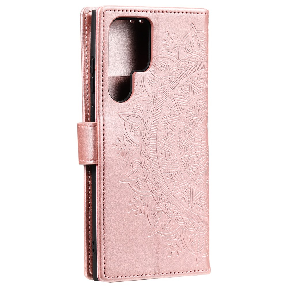 Samsung Galaxy S24 Ultra Leder Tasche Wallet - Mandala Flowers Imprint - Roségold