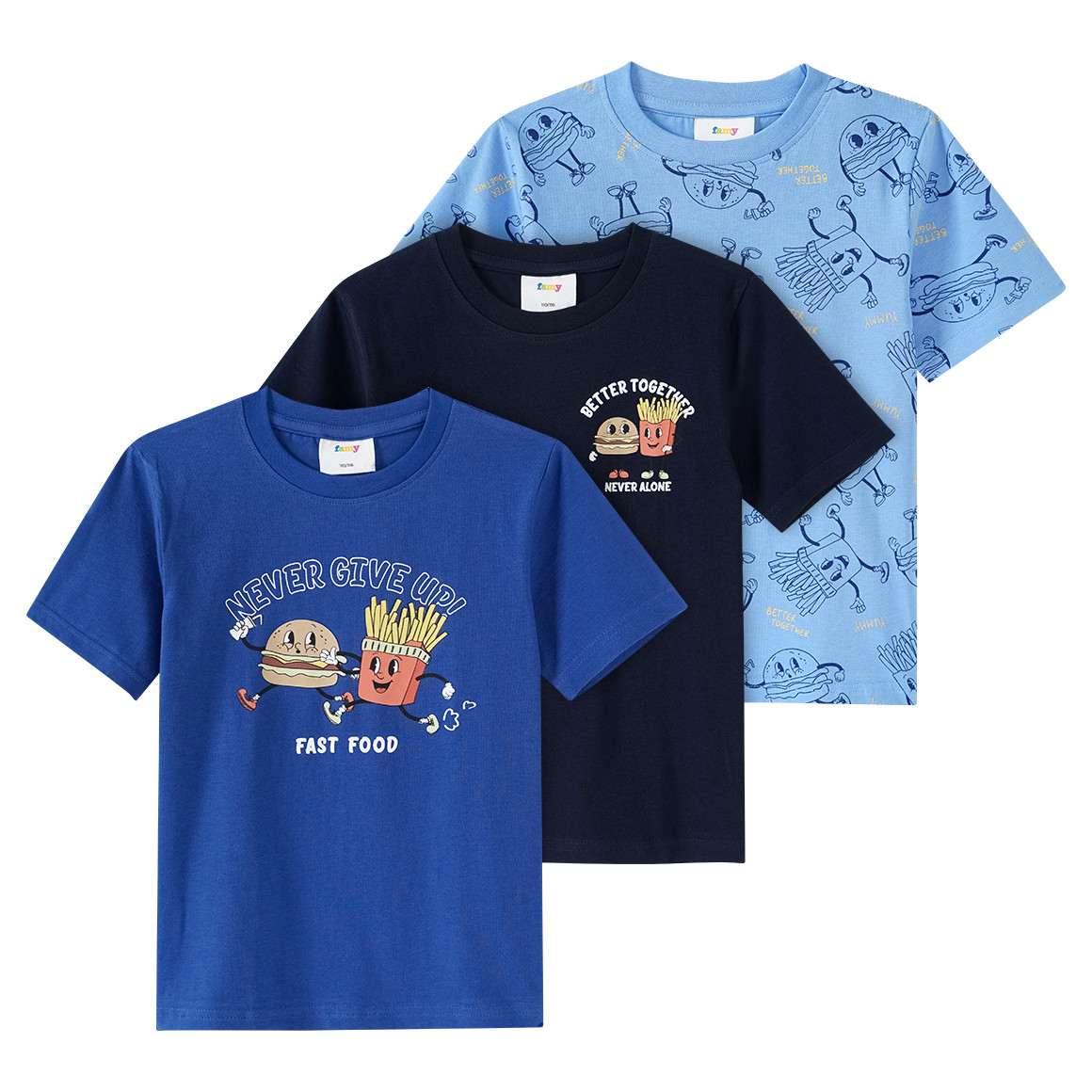 Famy 3 Jungen T-Shirts mit Fast Food Prints blau / dunkelblau / hellblau