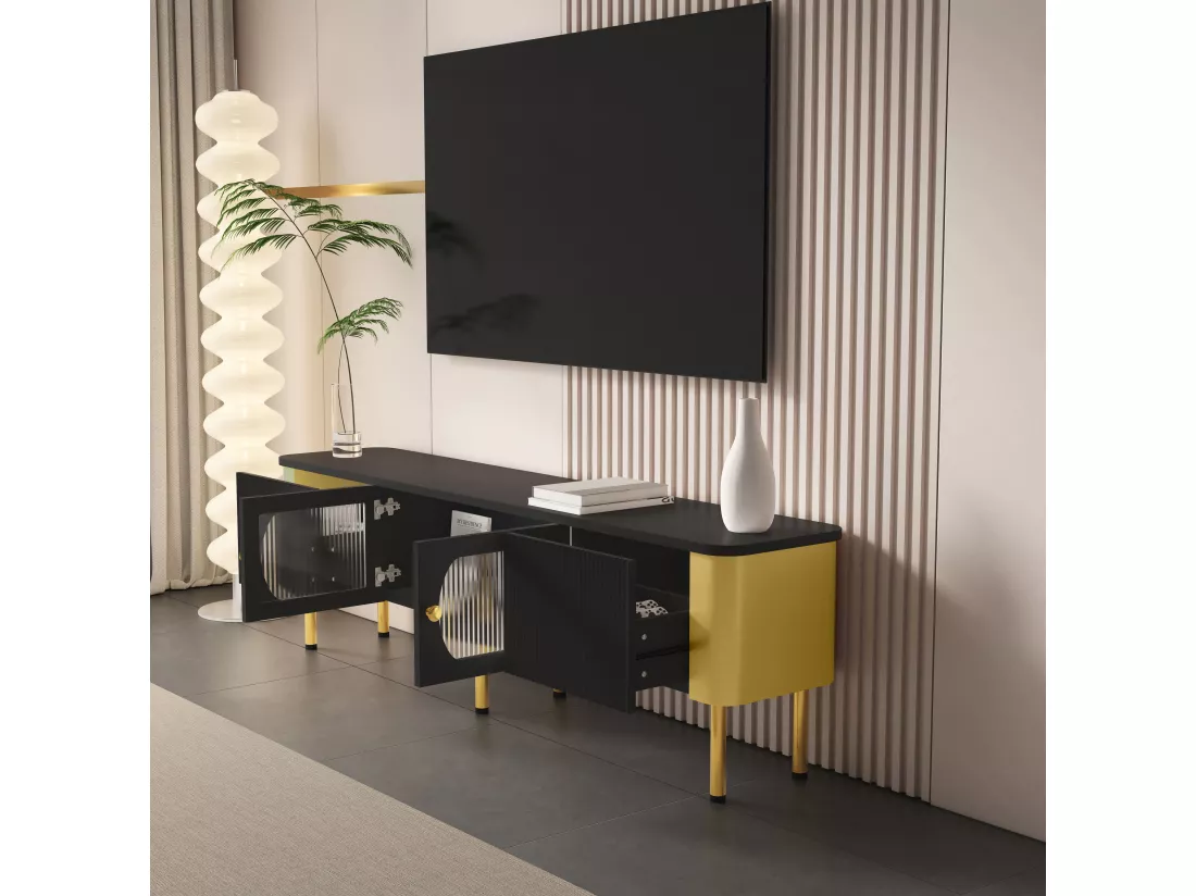 Meuble TV avec 2 portes et 2 tiroirs - 170 x 34 x 50 cm - Bois MDF - poignées et pieds dorés - Noir