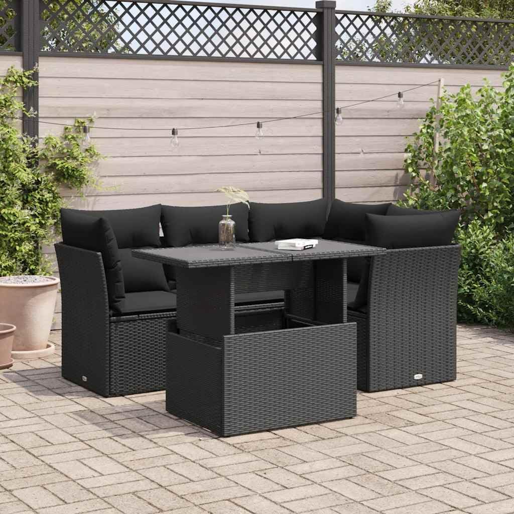 vidaXL 5-TLG. Garten-Sofagarnitur mit Kissen Schwarz Poly Rattan, Outdoor Sofa Set, Outdoor Sofagarnitur, Garten-Lounge-Set, Garten Sofagarnitur