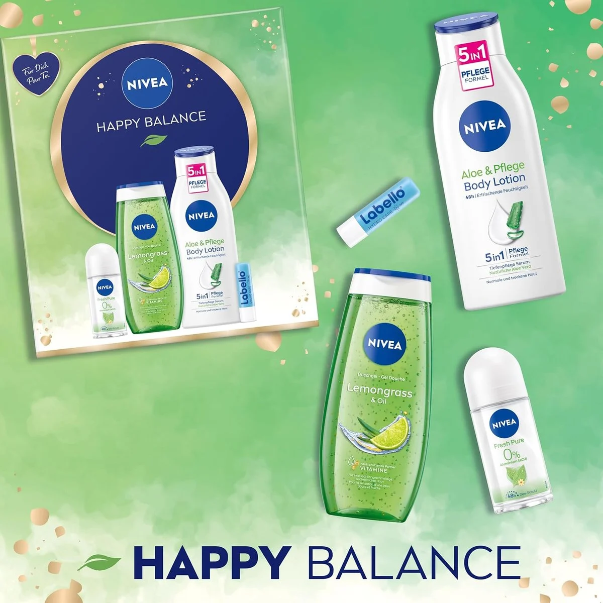 (4-tlg. Set) Happy Balance Pflege Geschenkset mit Duschgel / Body Lotion / Deo Roll-On inkl. Labello Lippenpflege