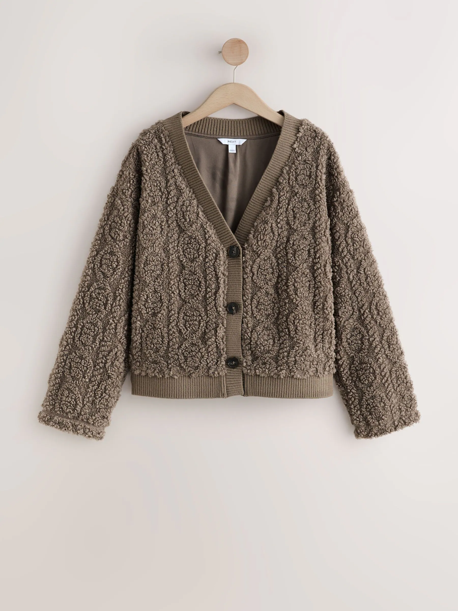 Chocolate Mocha Brown - Fluffy Borg Cable Button Through Cardigan Fleece
