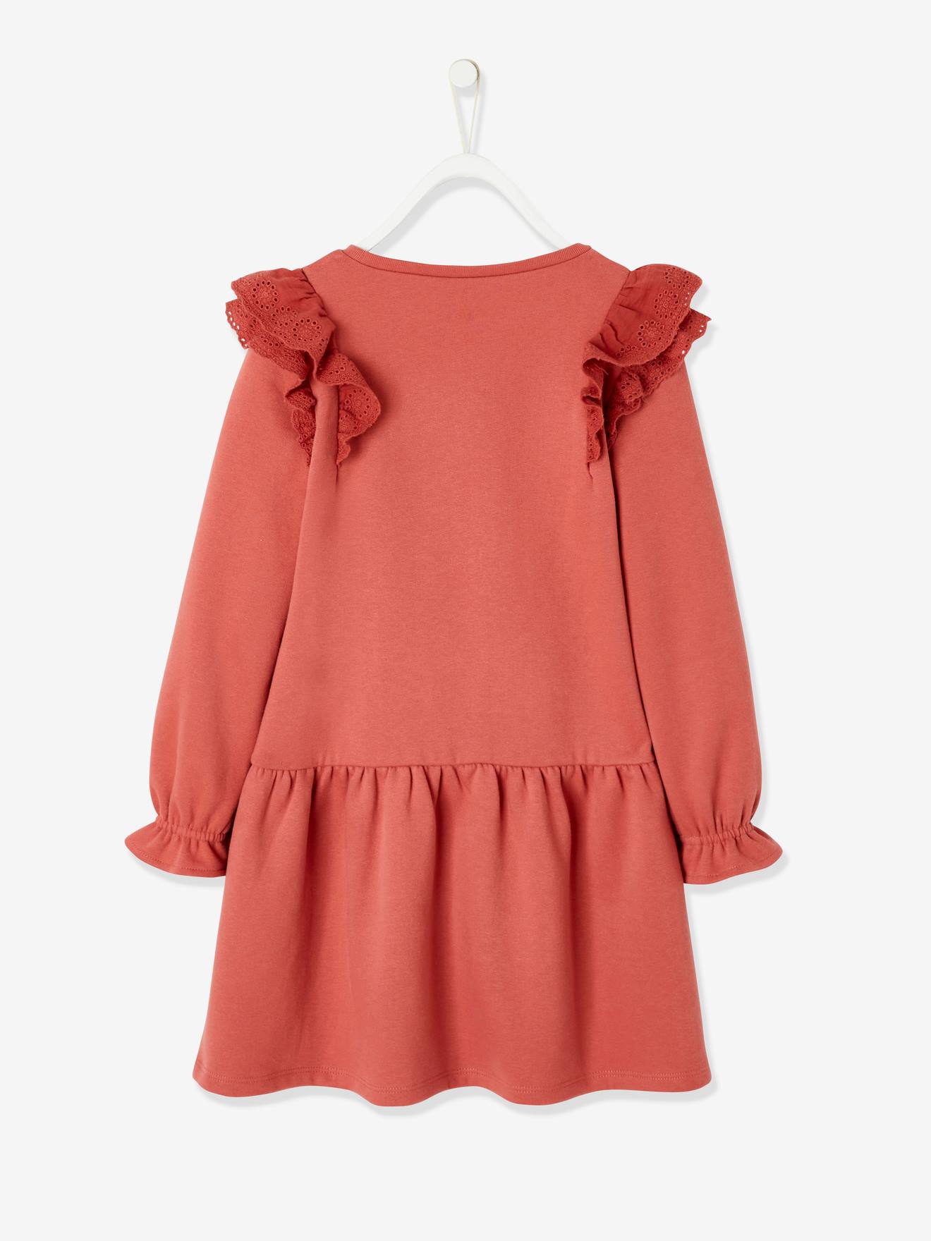Vestido de pelúcia com babados bordados à inglesa, para meninas, cor marrom claro lisa