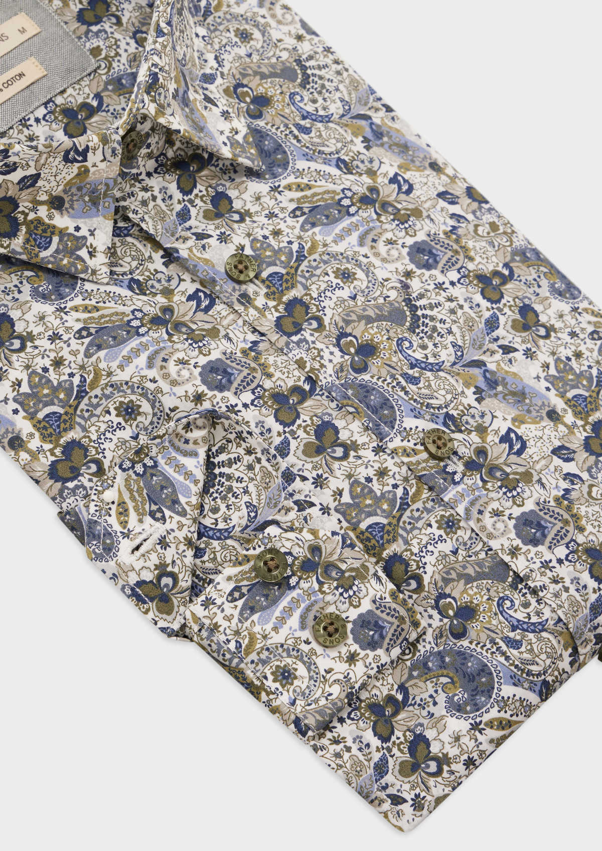 Chemise sport Slim en popeline de coton blanc à motif fleuri kaki et bleu