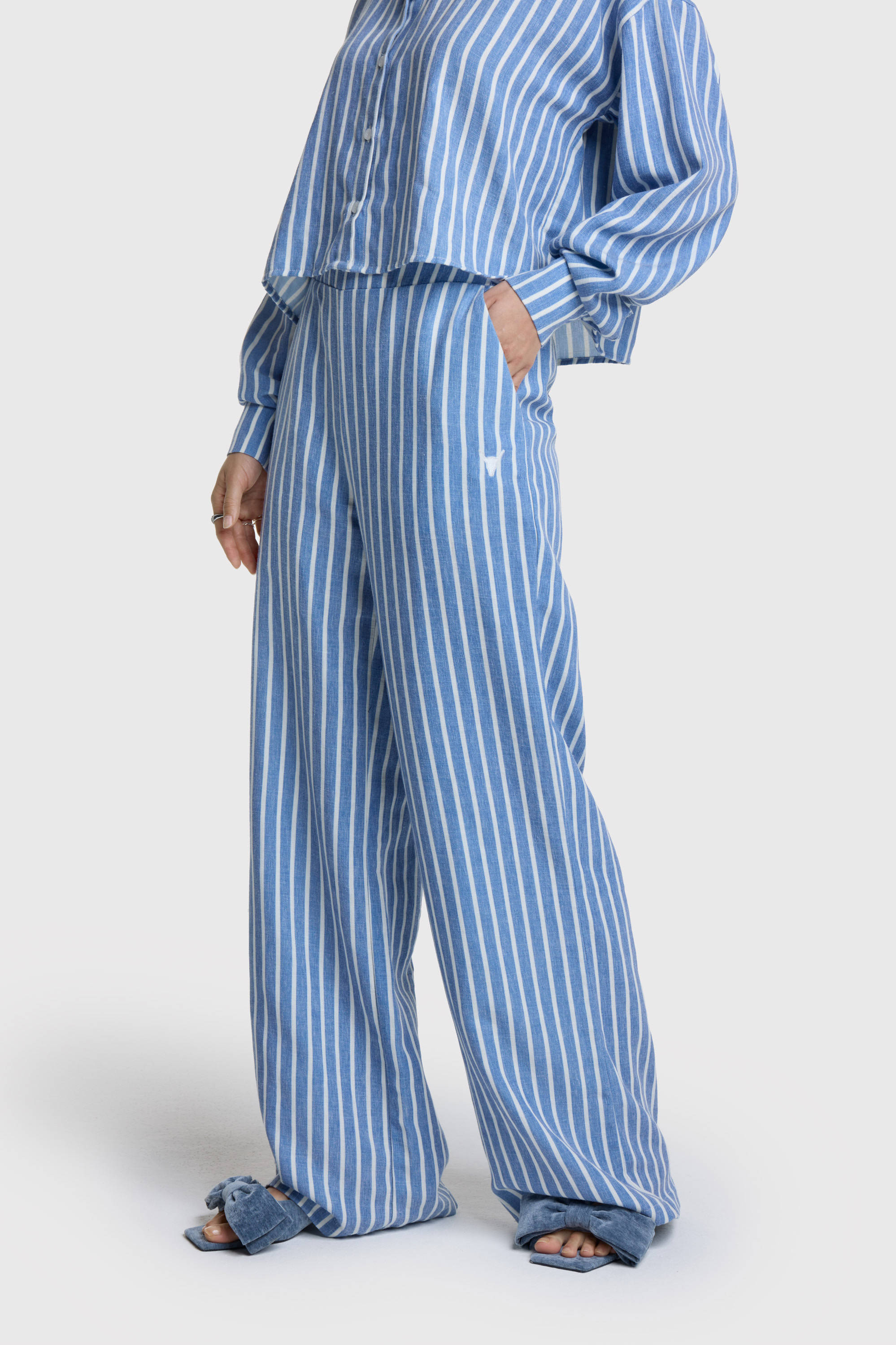 Alix the Label linnen gestreepte high waist wide leg broek blauw/wit