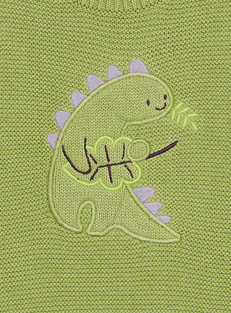 Pull kaki clair en tricot à broderie dinosaure