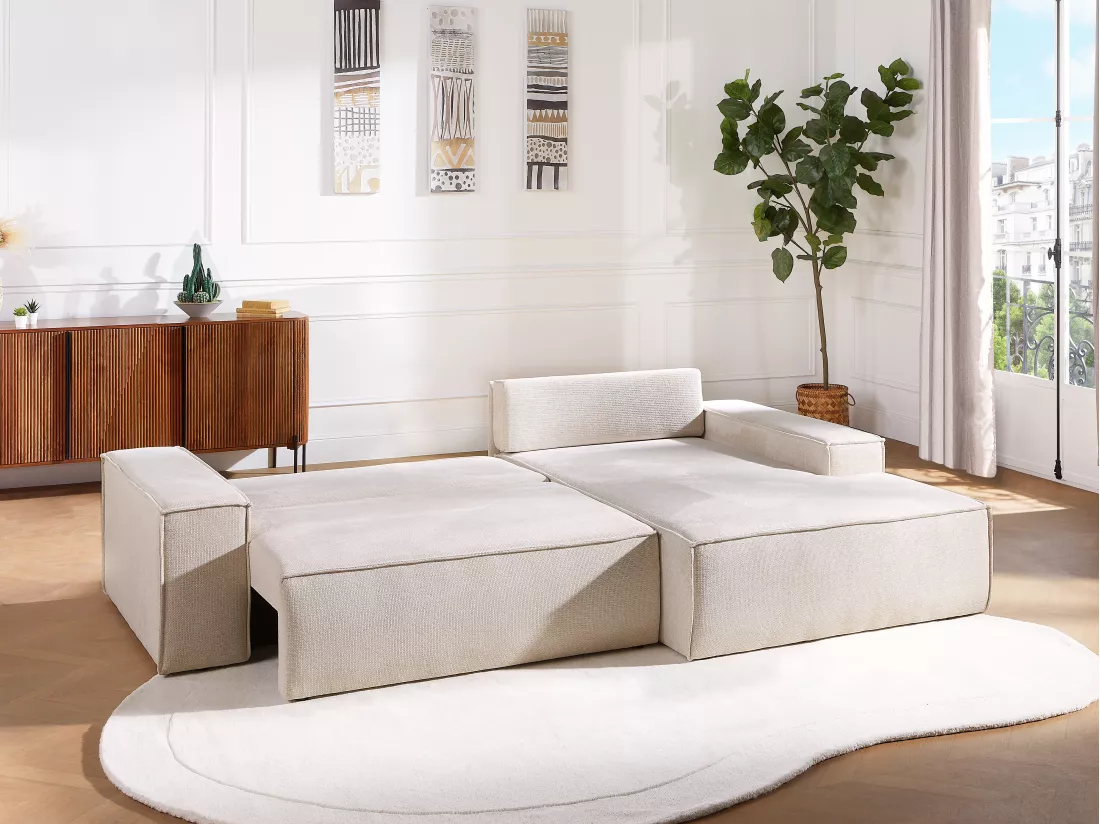 Canapé d'angle droit convertible en tissu texturé beige AMELIA