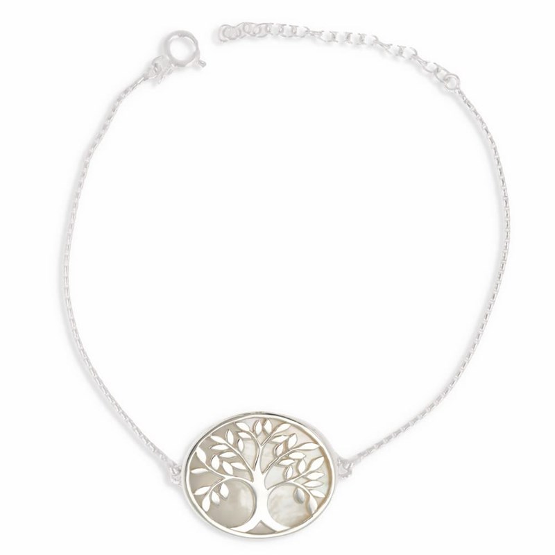Bracelet ADEN Nacre blanche Argent massif rhodié arbre de vie forme ovale argent massif