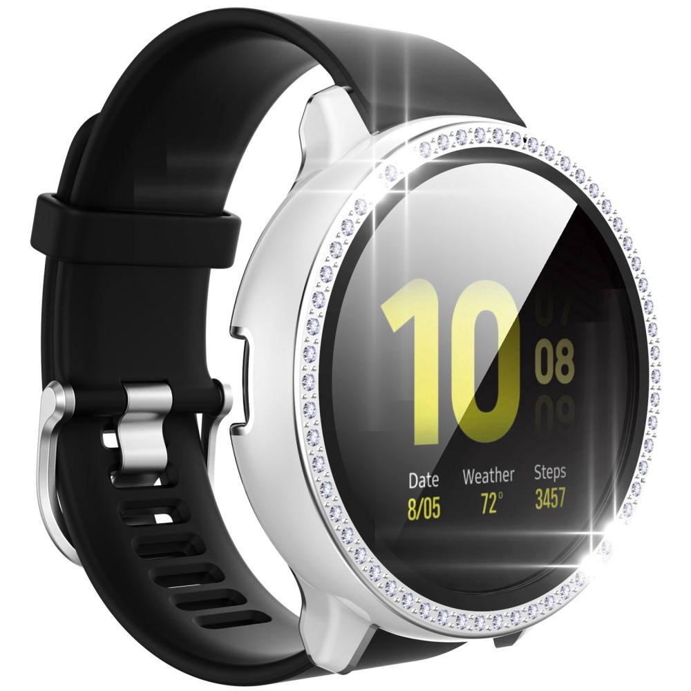 Samsung Galaxy Watch Active 2 (44mm) Galvanisierte Glitzer Strass Bumper Hülle   Display Schutzglas - Weiss / Silber