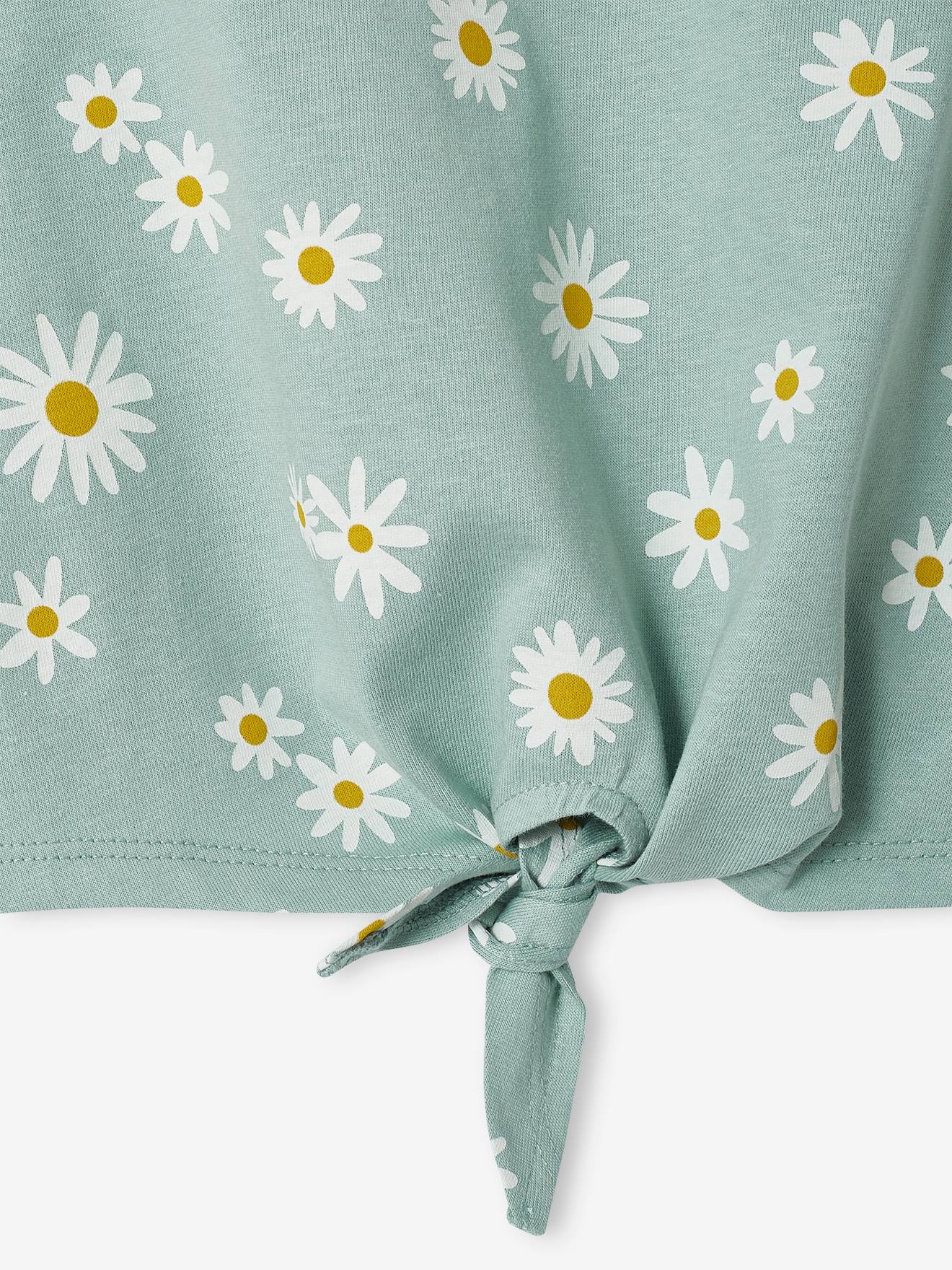 Camiseta estampada sem mangas com um lacinho, para menina, azul-acinzentada.