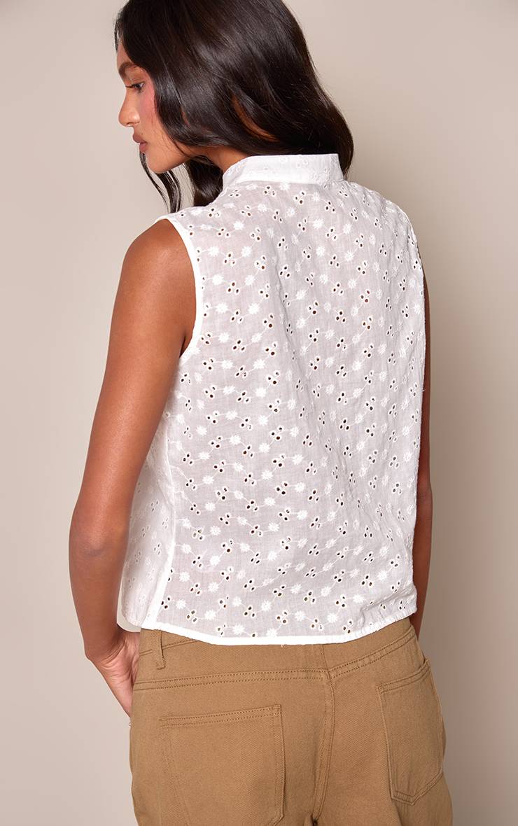 Blanc Haut Sans Manches Broderie Anglaise Avec Nœud Devant