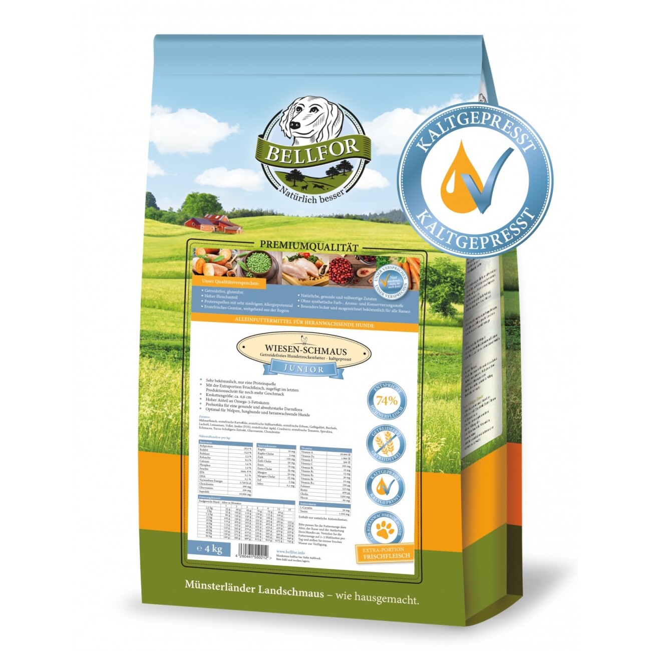 Bellfor Welpenfutter Set für große Rassen - Wiesen-Schmaus Junior 4 kg + Freiland-Happen 200g + Gelenke & Knochen Complete-Snack 150g