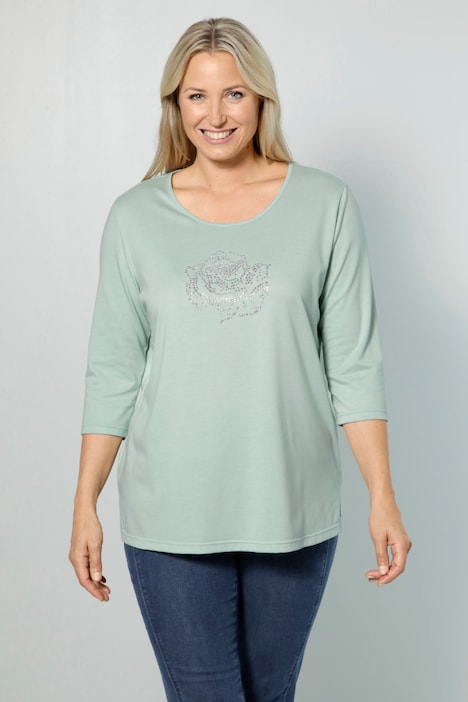 T-Shirt, Rosen-Motiv, Rundhals, 3/4-Ärmel