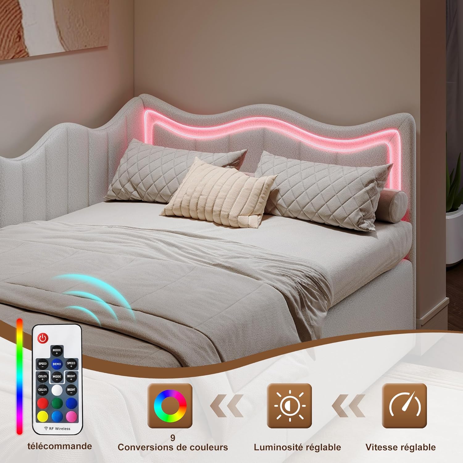 Fofetbfo Polsterbett Schlafsofa 90x200 cm, Kinderbett mit hydraulischem Stauraum, Einzelbett mit LED, Polsterbett Daybett mit LED Kopfteil, Tagesbett Jugendbett Bettgestell mit Lattenrost, Samt