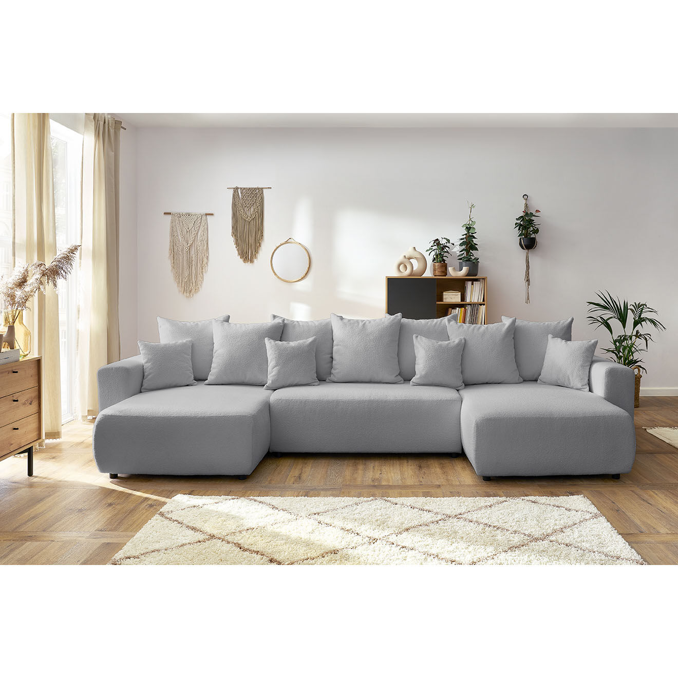 Bobochic Canapé panoramique convertible coffre bouclette envy gris clair - 386x153x95 cm