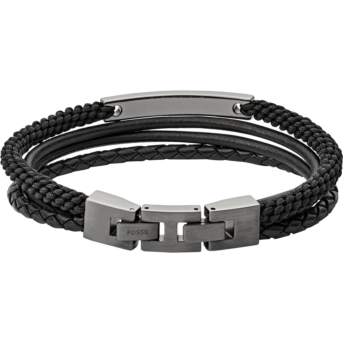 Bracelet FOSSIL acier inoxydable cuir noir multi-rangs 19,5 cm