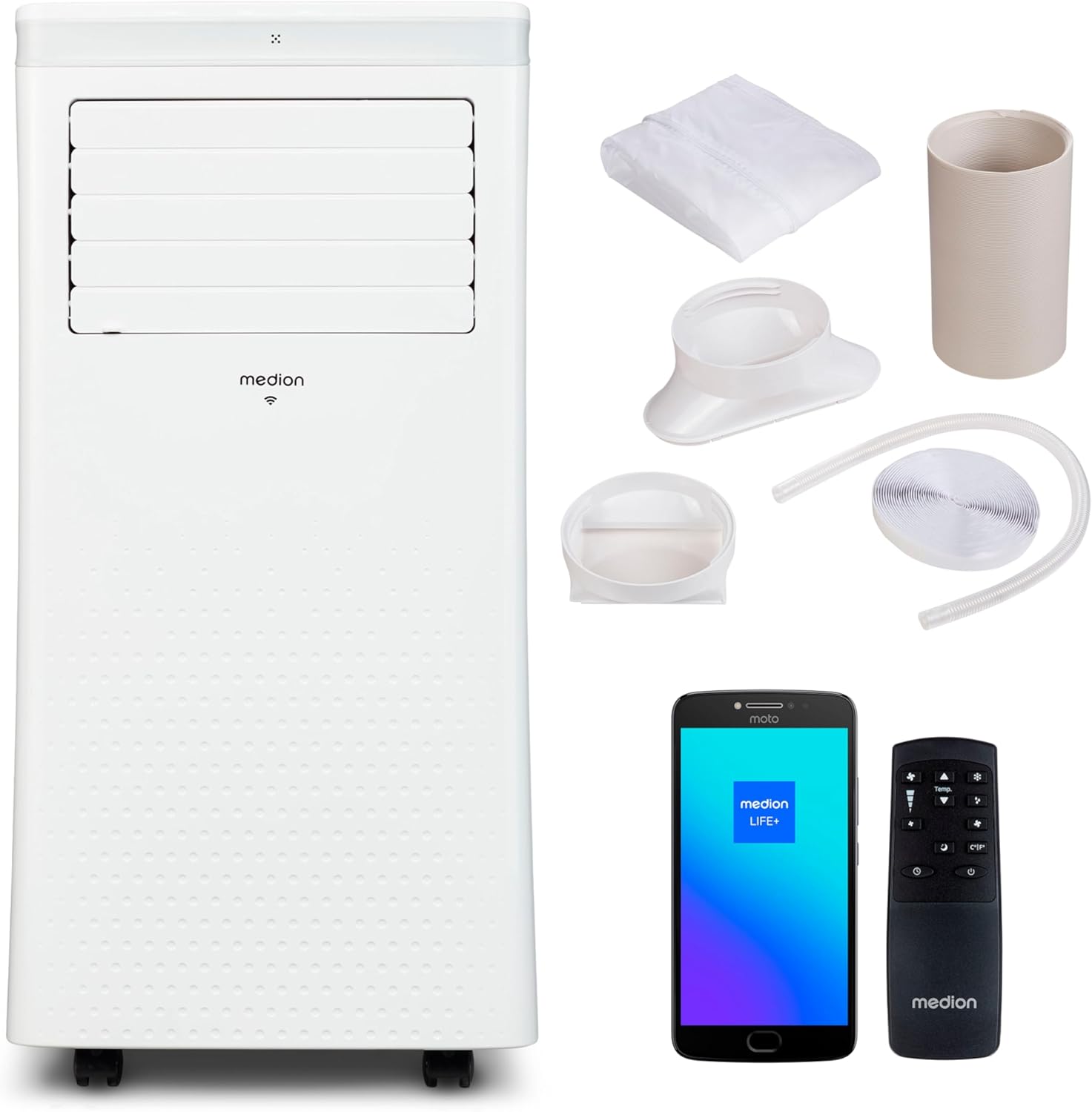 MEDION P702 (MD 37737) Smarte Mobile Klimaanlage mit Abluftschlauch (inkl. Fensterabdichtung, 3in1, bis 25qm, 7.000 BTU, Kühlen, Entfeuchten, Ventilieren, App- und Sprachsteuerung, Schlafmodus