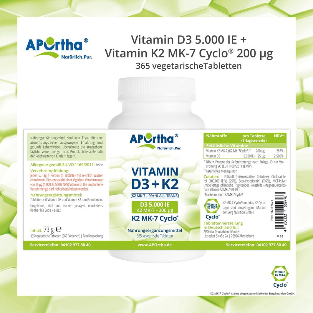 APOrtha® Vitamin D3 5.000 IE + Natto Vitamin K2 MK-7 Cyclo® 200 µg Tabletten