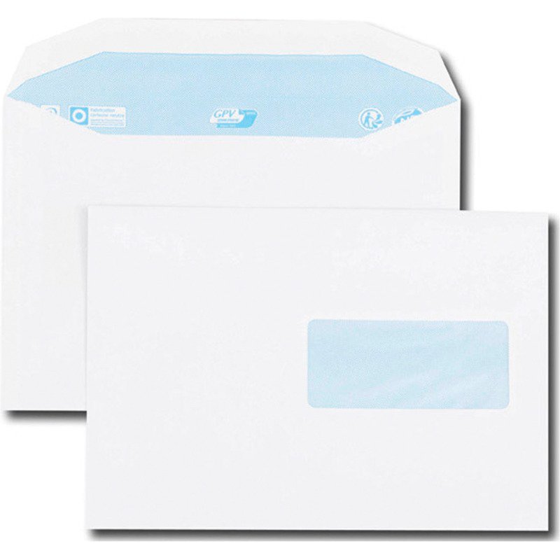 Enveloppe 162 x 229 mm GPV 80 g avec fenêtre 45 x 100 mm, blanche - Boîte de 500