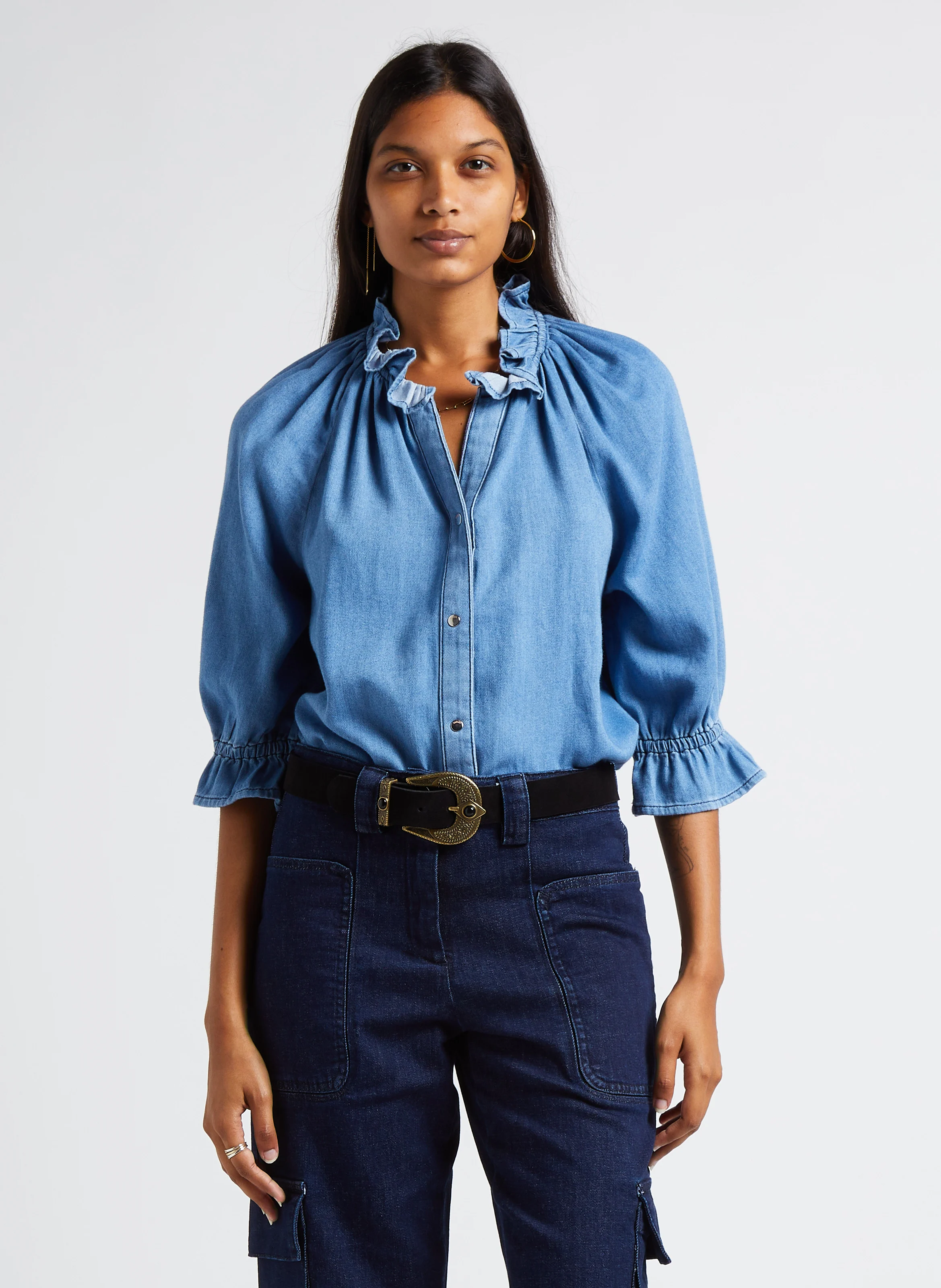 DRACO - Chemise droite col classique volanté en coton | Bleu