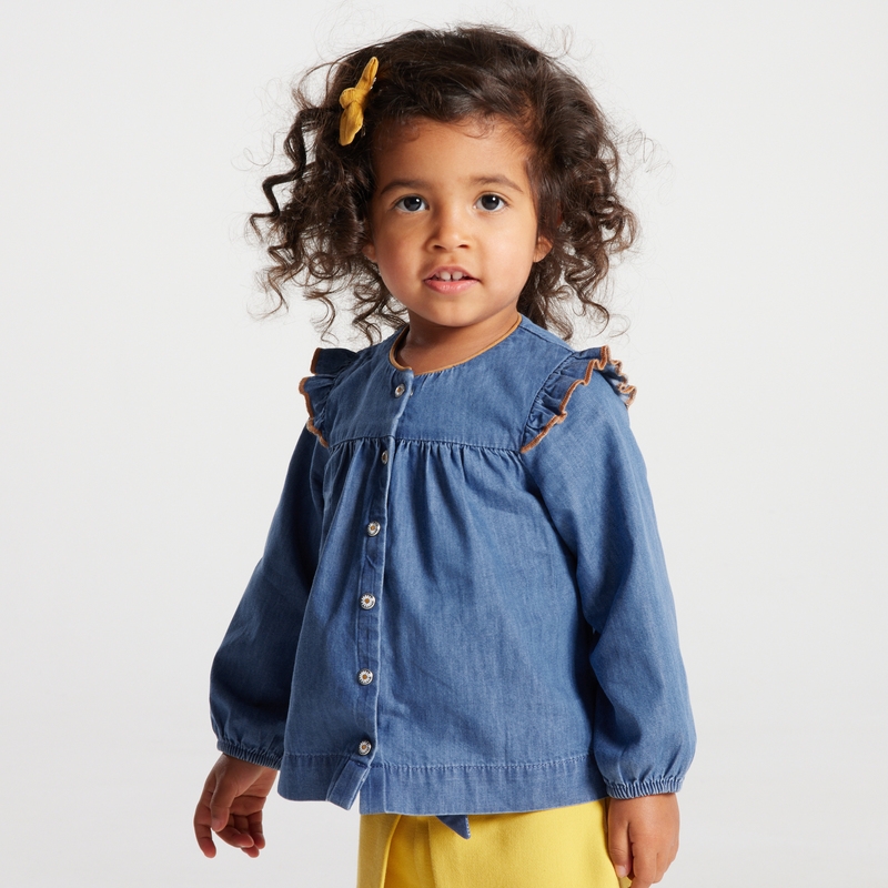 Blouse denim à volants bleue bébé fille