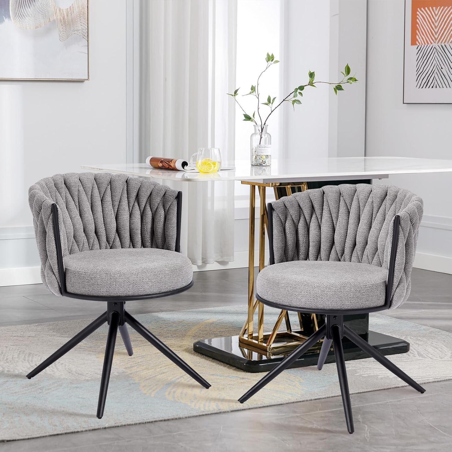 Esszimmerstühle Drehbar 2er Set Stoff bis 136kg Belastbarkeit Armlehnstuhl Metallbeinen Modern Bequem Schalenstuhl Gepolstert Dining Room Chair für Esstisch Schminktisch Küche Wohnzimmer Grau