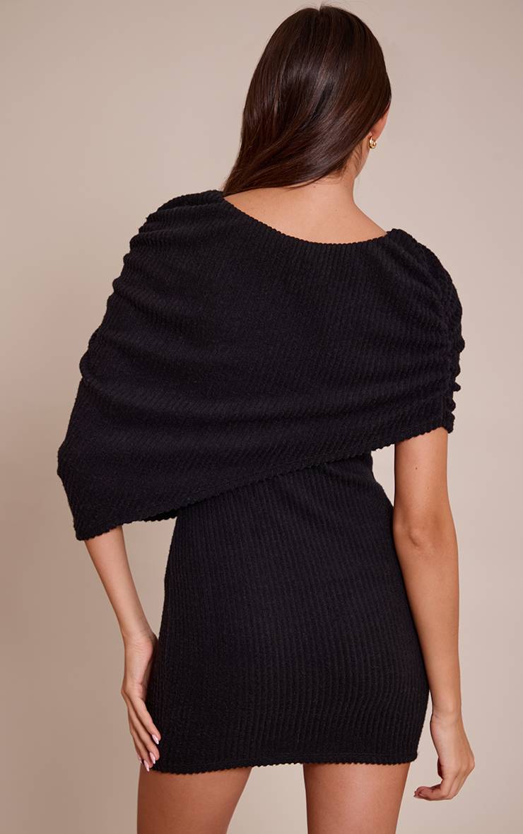 Noir Robe Moulante Côtelée Brossée Avec Détail Superposé