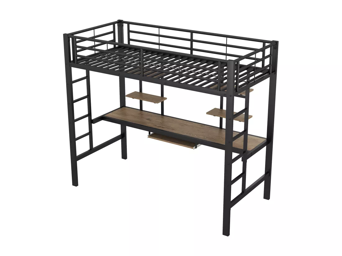 Lit mezzanine 90 x 200 cm avec bureau et 2 étagères pour enfants - métal et bois - noir + chêne